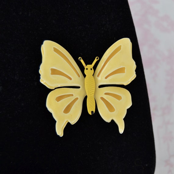 Vintage Yellow Enamel Metal Butterfly Brooch - image 1