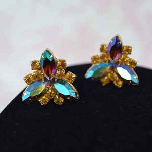 Vintage Clip-On Earrings with Golden Rhinestones and Iridescent Stones image 6