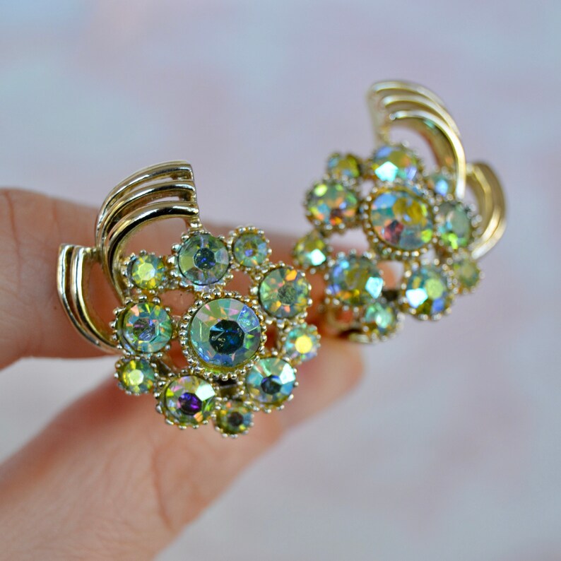 Vintage Clip-On Earrings in Gold-Tone Metal with Green Rhinestones by BSK