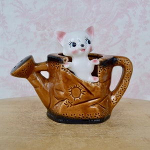 Vintage Ceramic Planter of White Kitty Cat Sitting in a Brown Watering Can Made in Japan