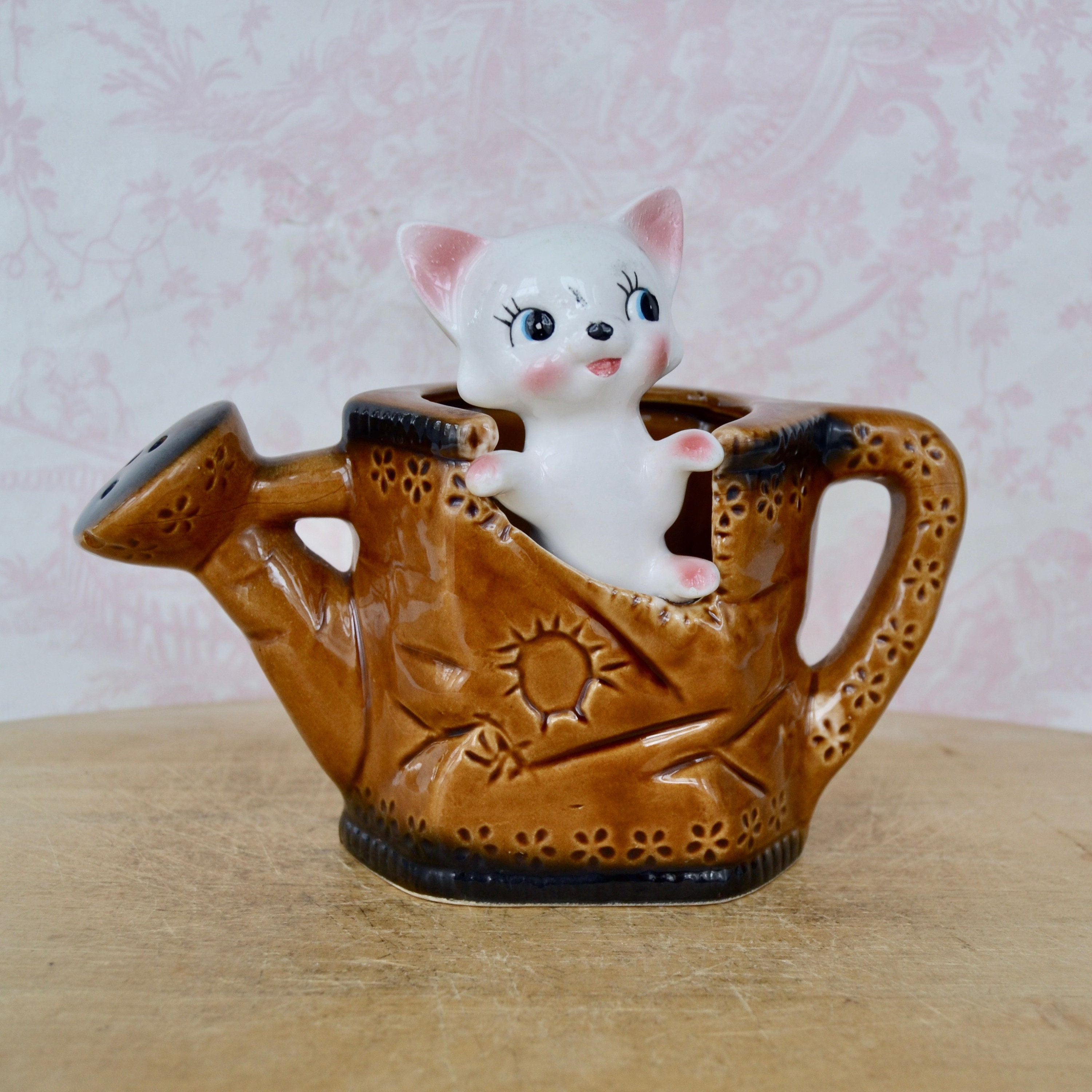 Vintage Ceramic Planter of White Kitty Cat Sitting in a Brown Watering Can Made in Japan