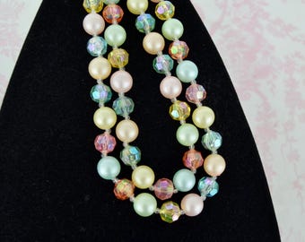 Vintage Double Strand Pastel Plastic Beaded Necklace Made in Hong Kong