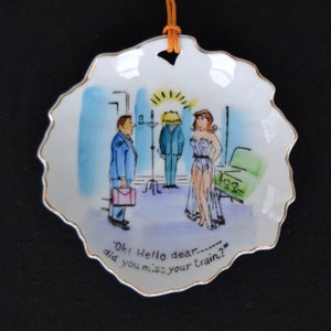 Vintage Ceramic Wall Hanging Leaf with Naughty Illustration by Nico Hand Painted in Japan