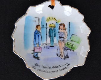 Vintage Ceramic Wall Hanging Leaf with Naughty Illustration by Nico Hand Painted in Japan