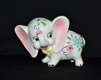 Vintage Ceramic Elephant Wall Pocket Planter with Painted Flowers Japan