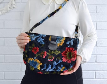 Vintage Black Floral Tapestry Carpet Shoulder Bag Purse by Davey's