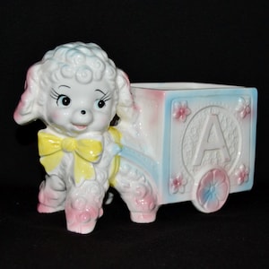 Vintage 1960s Lamb Pulling an ABC Alphabet Block Cart Ceramic Planter by Nancy Pew Giftwares