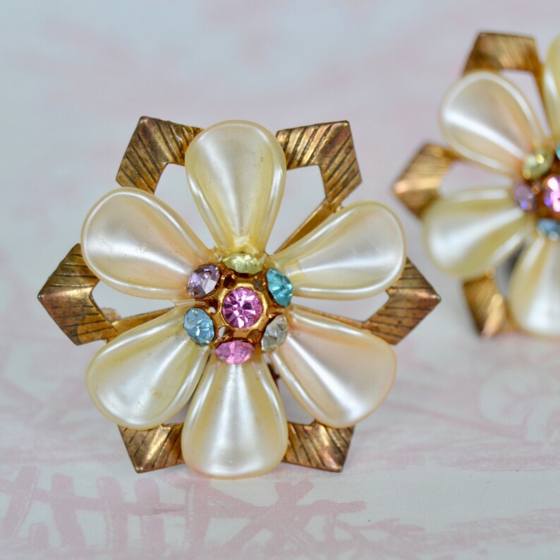 Vintage Clipon Flower Earrings With Pearlized Petals and Etsy
