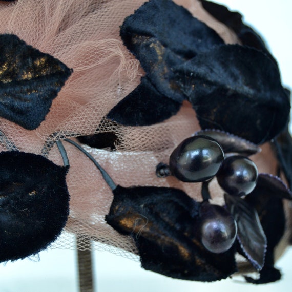 Vintage Tulle Hat with Black Velvet Leaves and Black Plastic Berries View 5