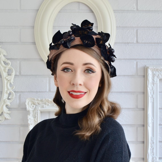 Vintage Tulle Hat with Black Velvet Leaves and Black Plastic Berries