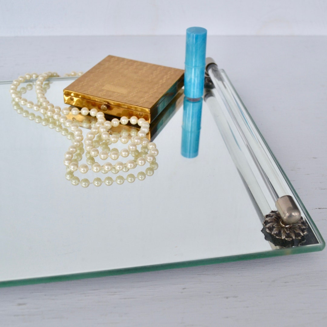 Vintage Glass Mirror Vanity Tray With Metal and Lucite Handles Etsy