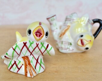 Vintage Chick Salt and Pepper Shakers in a Basket and a Watering Can Made in Japan