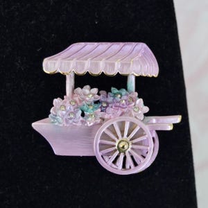 Vintage Flower Cart Brooch Made of Gold Tone Metal with Purple Paint and Rhinestones