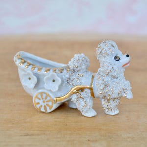 Vintage Mini Ceramic Poodle Planter with Cart and Flowers with Gold Painted Accents