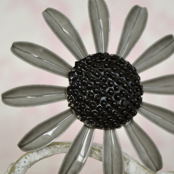 Vintage Enamel Flower Brooch with Gray Petals and… - image 3