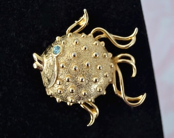 Vintage Perfume Brooch of Gold Tone Metal Puffer Fish by Fuller Brush