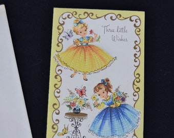 Vintage Unused Three Little Wishes Birthday Card with Little Girls and Flowers and Butterfly by A Sunshine Card