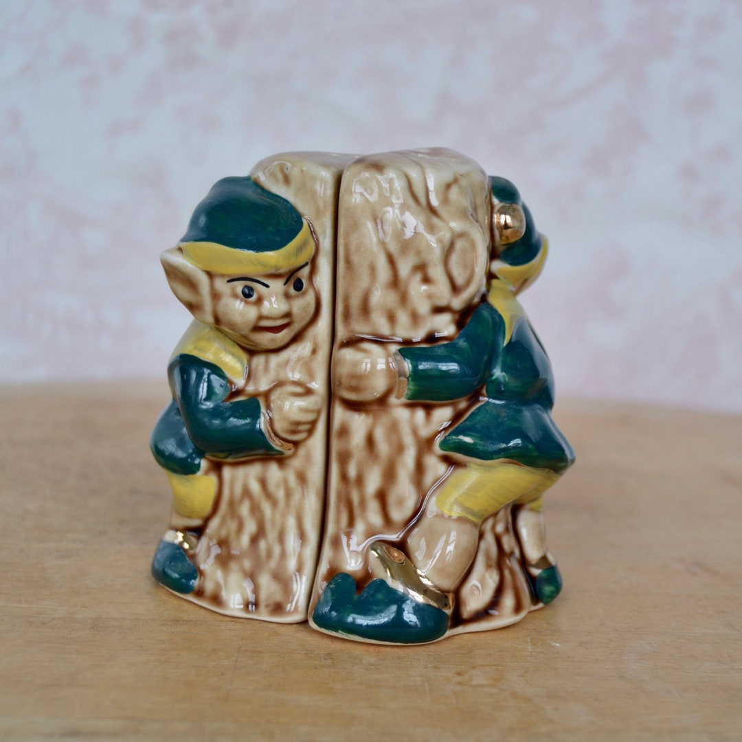 Vintage Elf Salt and Pepper Shakers Playing Hide N Seek Around a Tree