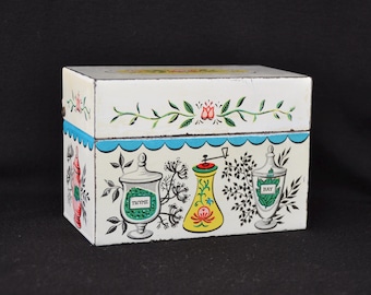 Vintage Tin Recipe Box with Herb Jars and Flowers by J Chein & Co Made in USA