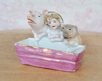 Vintage Ceramic Trinket Dish with Child and Dog and Pig Trough with Pink Lusterware Glaze