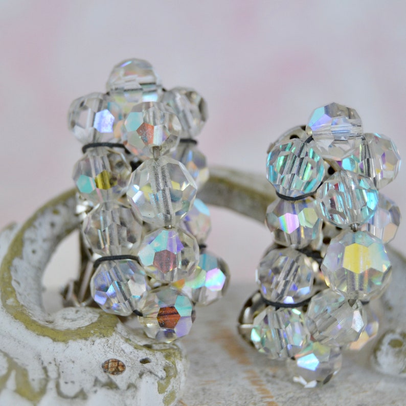 Vintage Clip-On Earrings with Iridescent Glass Beads image 3