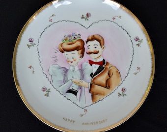 Vintage Happy Anniversary Ceramic Plate with Flowers and Illustrated Loving Couple by Norcrest