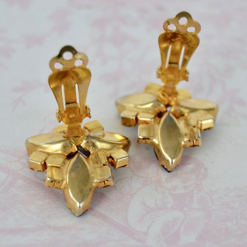 Vintage Clip-On Earrings with Golden Rhinestones and Iridescent Stones image 9