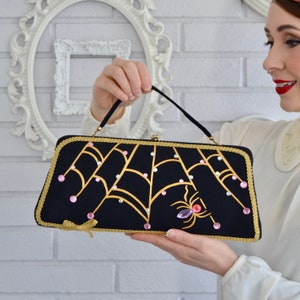 Caught in Your Spider Web Black Handbag or Clutch Purse, Vintage and Upcycled with Paint, Ribbon and Rhinestones