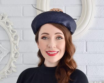Vintage Dark Blue Woven Raffia Hat with Small Fabric Flowers, Ribbon Bow and Feather Stems