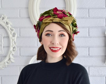 Vintage Hat with Dark Pink Flowers and Green Leaves and Front Bow by Miss Gwenn Jr Union Made
