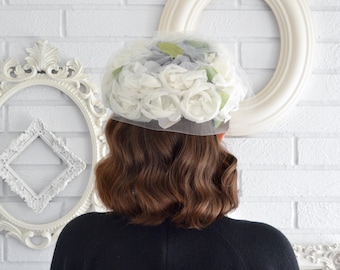 Vintage Headband Style Hat with Fabric Flowers, Green Leaves and Netting