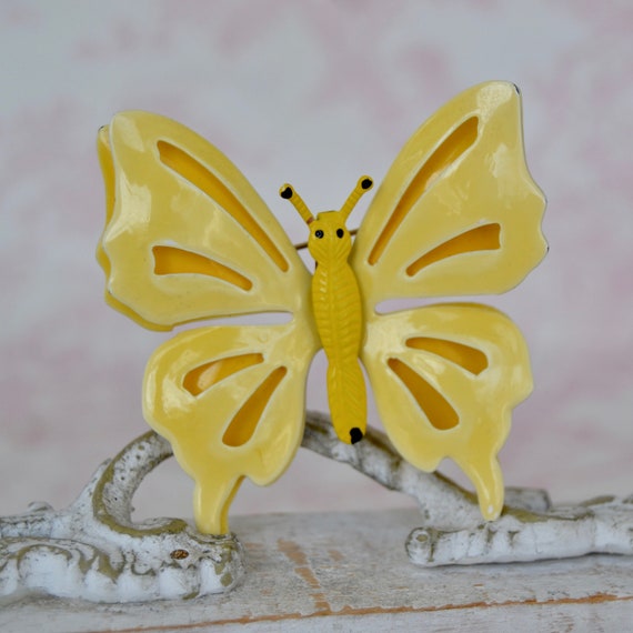 Vintage Yellow Enamel Metal Butterfly Brooch - image 2