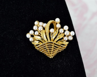 Vintage Basket Brooch with Faux Pearl Beads and Gold Tone Metal
