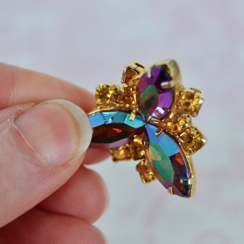 Vintage Clip-On Earrings with Golden Rhinestones and Iridescent Stones image 4