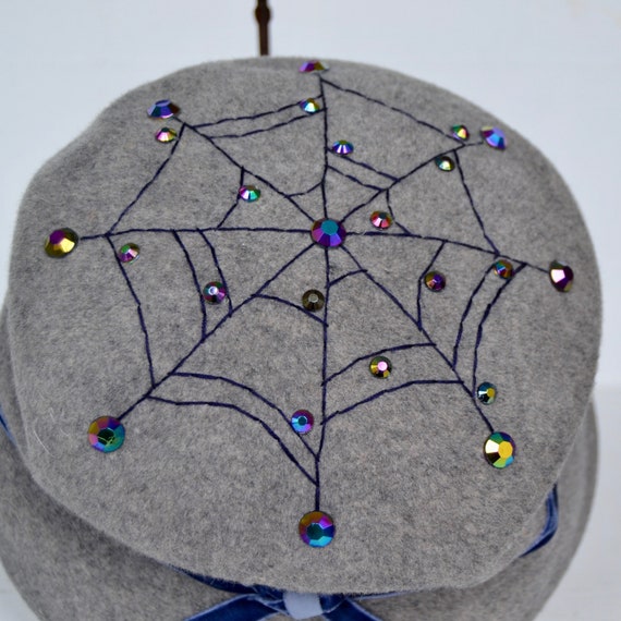 Gray Wool Hat with Stitched Spiderweb and Rhinest… - image 6