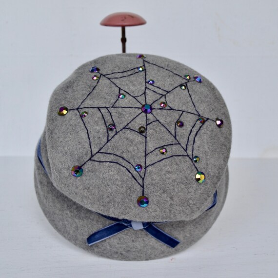 Gray Wool Hat with Stitched Spiderweb and Rhinest… - image 5