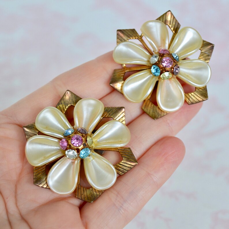 Vintage Clipon Flower Earrings With Pearlized Petals and Etsy