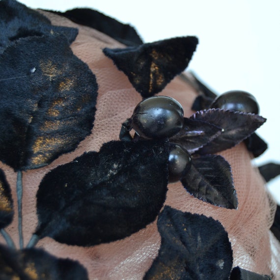 Vintage Tulle Hat with Black Velvet Leaves and Black Plastic Berries View 3