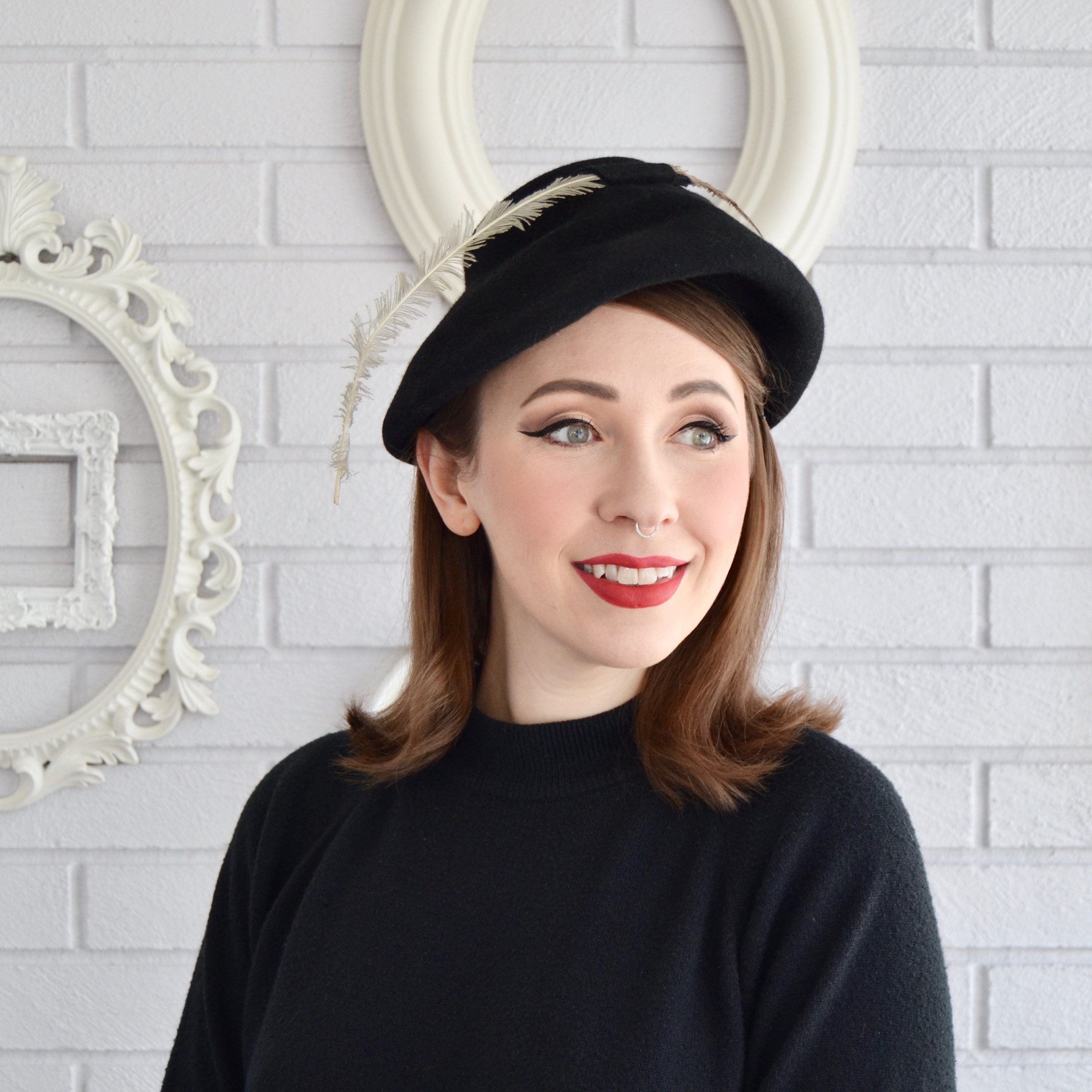 Vintage Black Wool Hat With Feather by Glamour Felts and 
