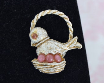 Vintage Bird Sitting on a Basket Nest Brooch with Beads and Gold Speckled Paint