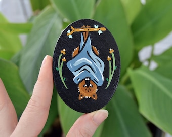 Small Hanging Bat and Flowers Hand Painted Wood Plaque, Wall Art