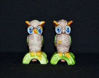 Vintage Ceramic Owls on Branches Salt and Pepper Shakers Stamped Japan