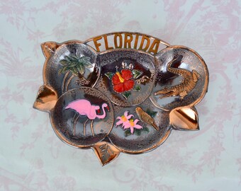 Vintage Metal Florida Ashtray with Flamingos and Alligator Made in Japan