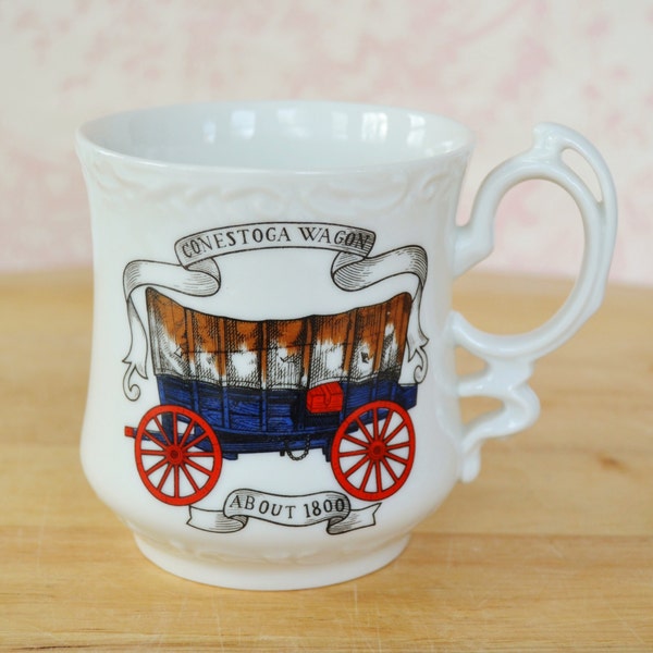 Vintage Mustache Mug with an Illustrated Conestoga Wagon