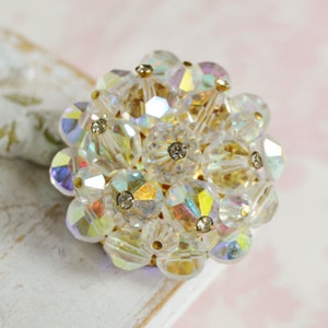 Vintage Brooch of Iridescent Glass Beads and Rhinestones