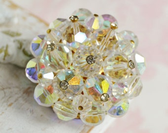 Vintage Brooch of Iridescent Glass Beads and Rhinestones