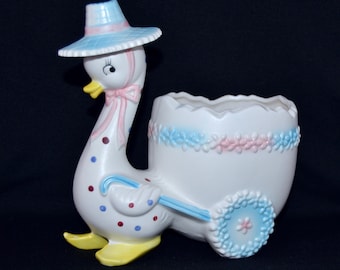 Vintage Polka Dot Goose and Egg Cart Ceramic Planter by Relpo Japan
