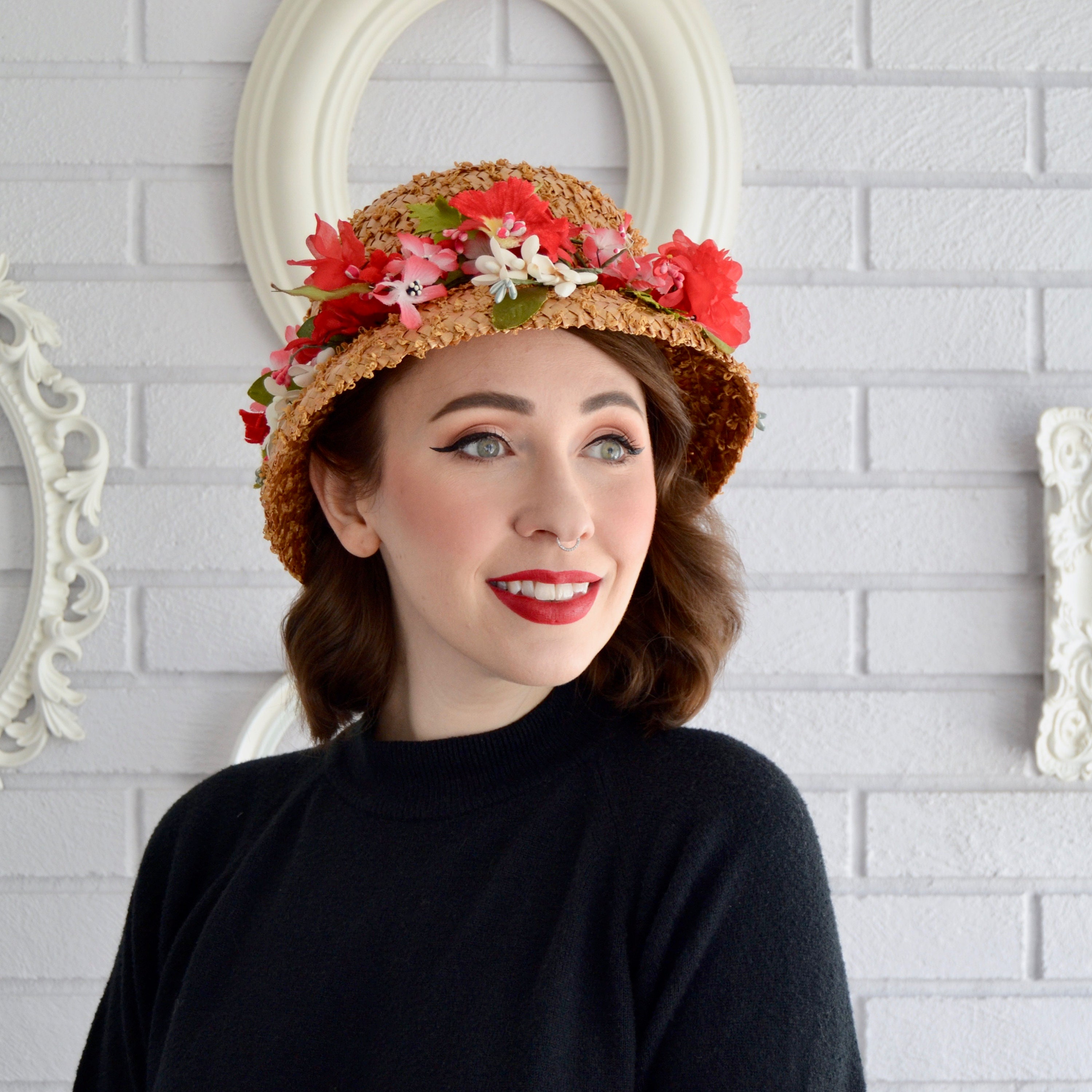 Vintage 1950s Valerie Modes Woven Straw Hat, netting, velvetribbon,satin flowers Party Straw Vintage Hats for Women for sale | eBay main image 4