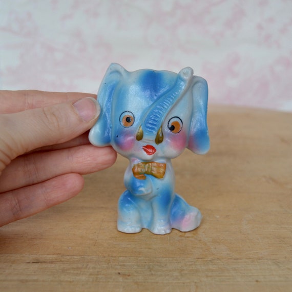 ◆BLUE ELEPHANT◆ ETTY tawnyolivegreen Vintage Ceramic Blue Elephant Figurine With Bow Tie Souvenir