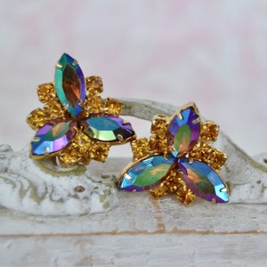 Vintage Clip-On Earrings with Golden Rhinestones and Iridescent Stones image 1